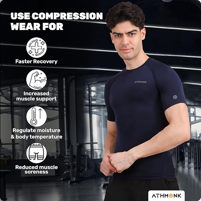 Athmonk Compression T-Shirt Vest Body Shaper Half Sleeve for Men Boys Branded - Nylon Lycra Fabric - Workout Gym Cricket Football Sports Training - Keep Dry Tight Skin Fit - Round Neck